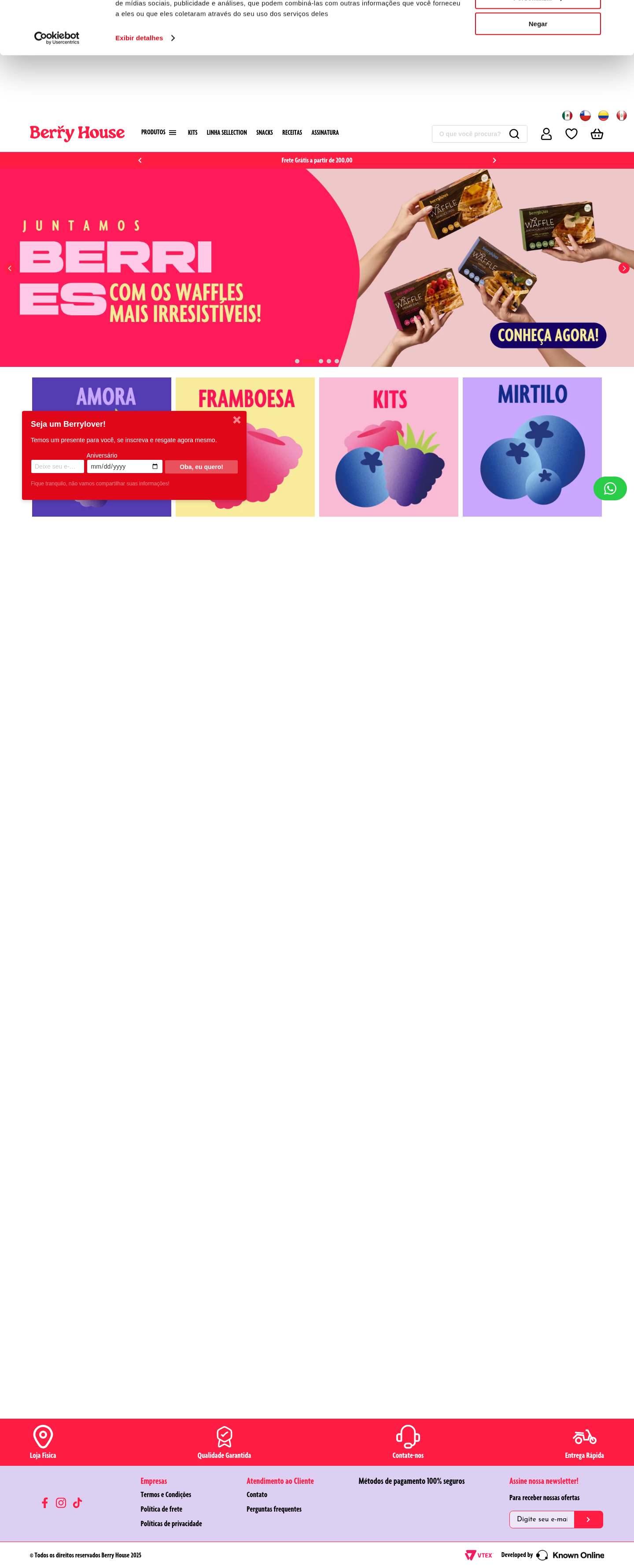 Screenshot desktop da Home da Berry House com consentimento de cookies ativo.